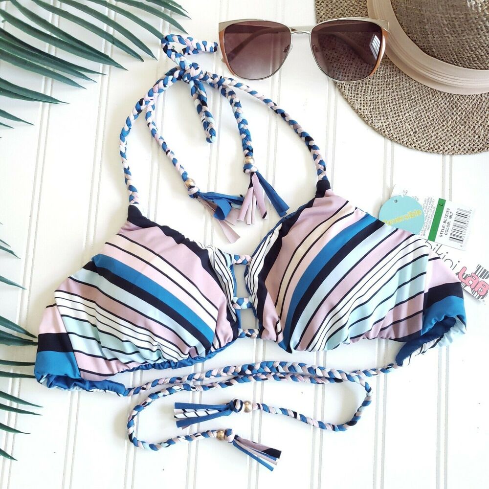 THE BIKINI LAB Stripe Up Your Life reversible swim bralette bikini top Sz L NEW